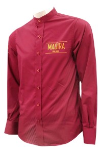 設計立領深紅色襯衫   訂造純色燙畫logo襯衫   長袖   廚師襯衫制服  KI112